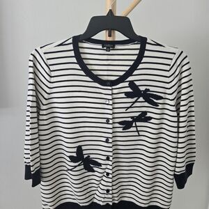 Talbots Navy and White Striped Cardigan with Dragonfly Accents